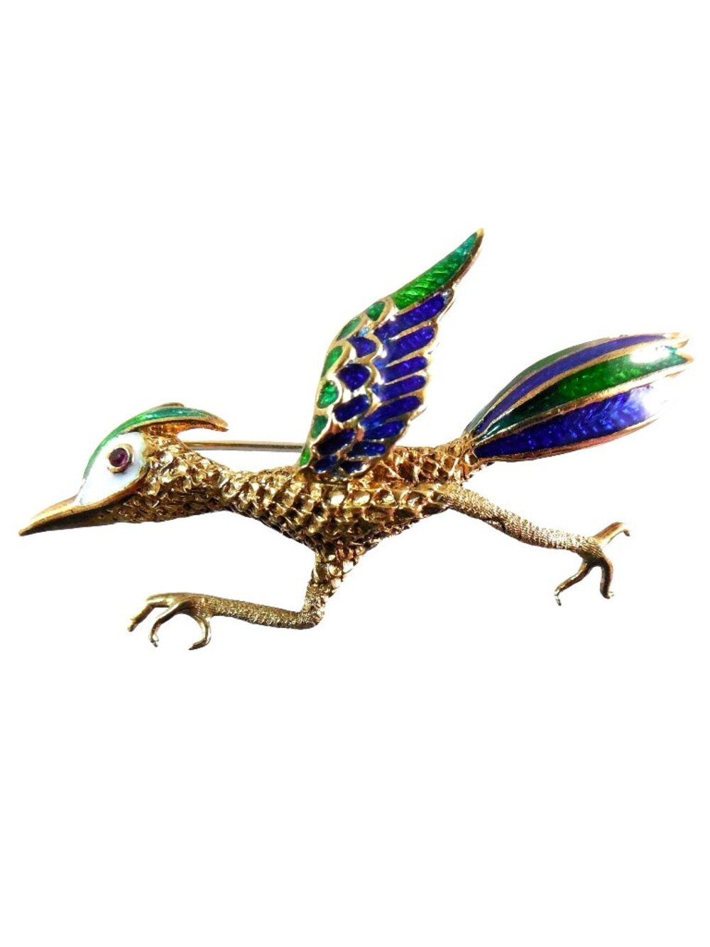 Vintage 14K Gold Martine Roadrunner Brooch Ruby Enamel Bird Pin 13g Signed